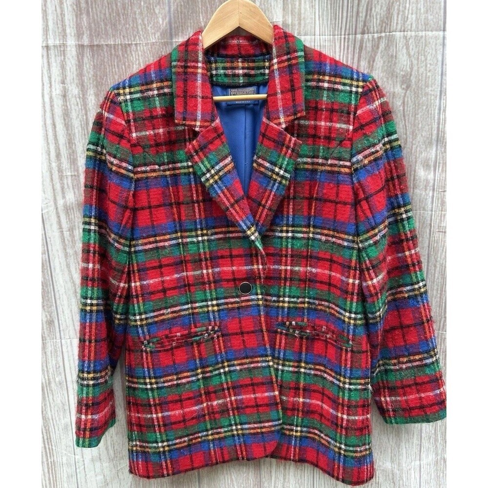 Vtg Pendleton Virgin Wool Blazer Jacket Womens Red Plaid Made USA 10 M Holiday
